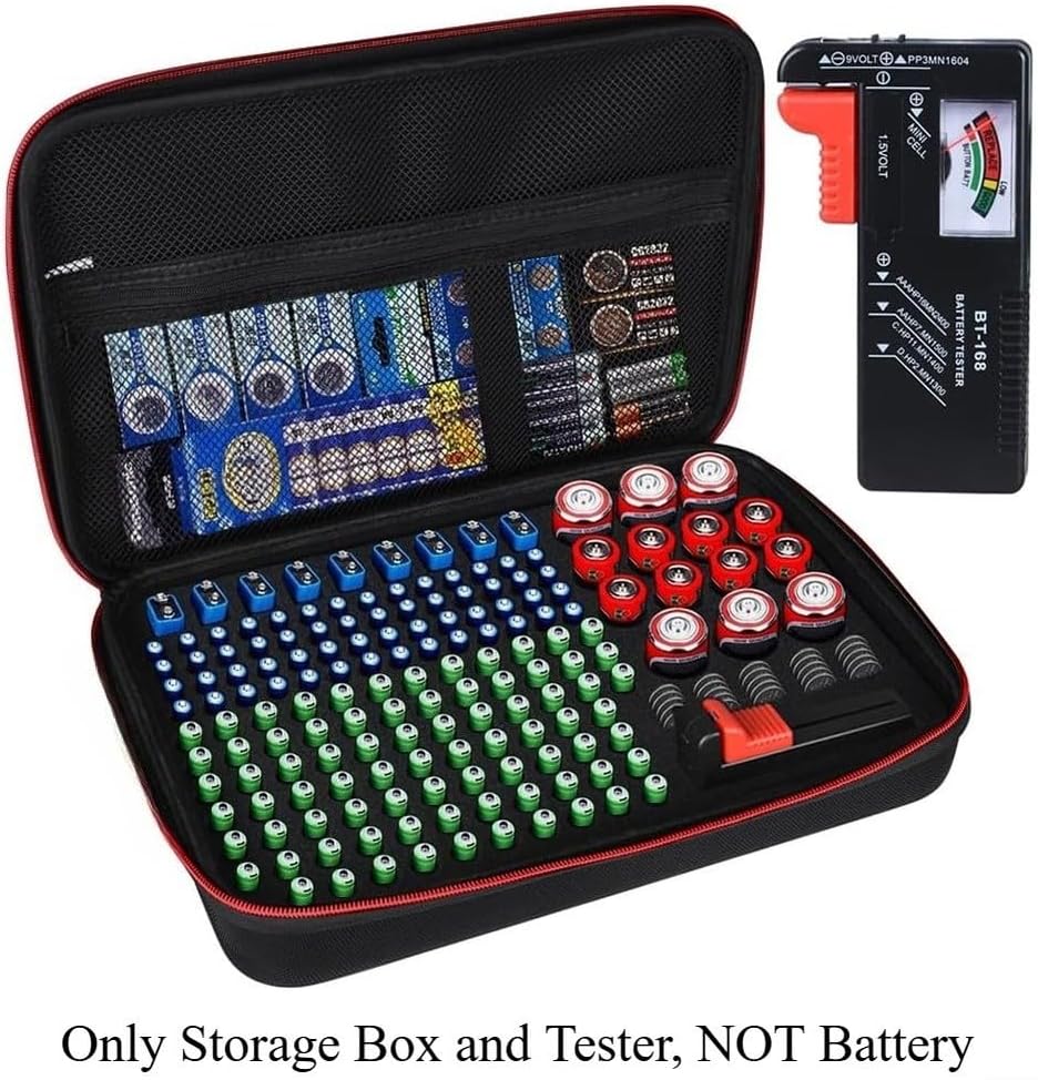 EVA for battery Organizer Case Holds 200+ Cells with Tester - Storage for AA AAA 9V C D Coin - Black Travel Box 35x25cm