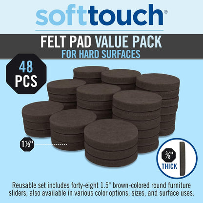 SoftTouch 1.5" Round Reusable Felt Furniture Sliders for Hard Surfaces, Noise-Reducing Adhesive Moving and Protective Pads for Cabinets, Chairs, Tables & Decorative Items Set of 48, Brown