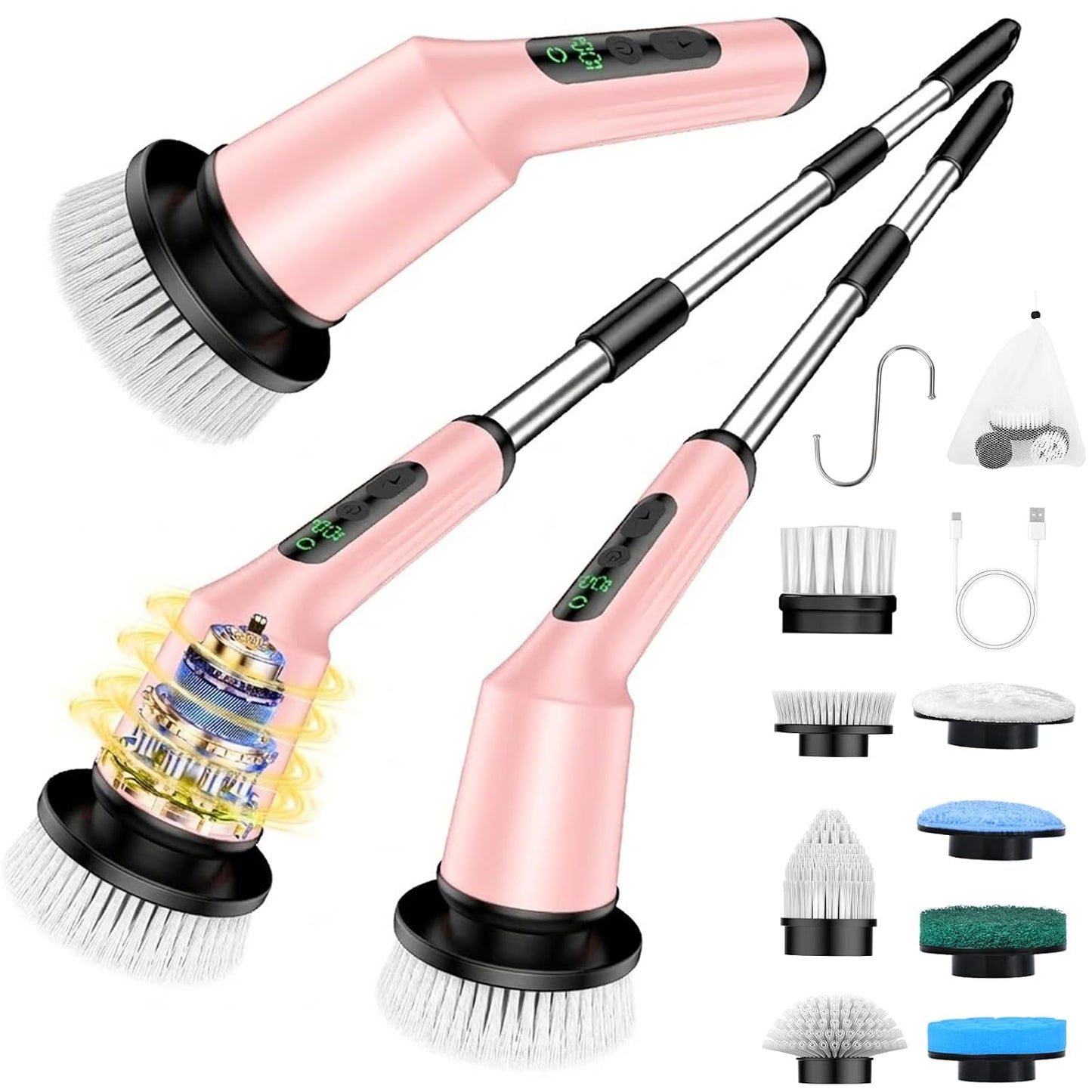 Shower Scrubber with Long Handle, Shower Cleaner Brush with 8 Floor Machine Pads, Cordless Electric Spin Scrubber for Cleaning with 2 Speed, Cleaning Supplies for Bathroom Bathtub Kitchen Floor Tile