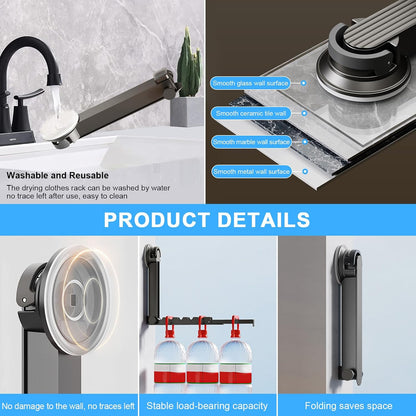Clothes Drying Rack Wall-Mounted Suction Cup Folding Clothes Drying Rod Space-Saving Closet Rod with Retractable Rod for Laundry Bathroom RV Balcony, Black
