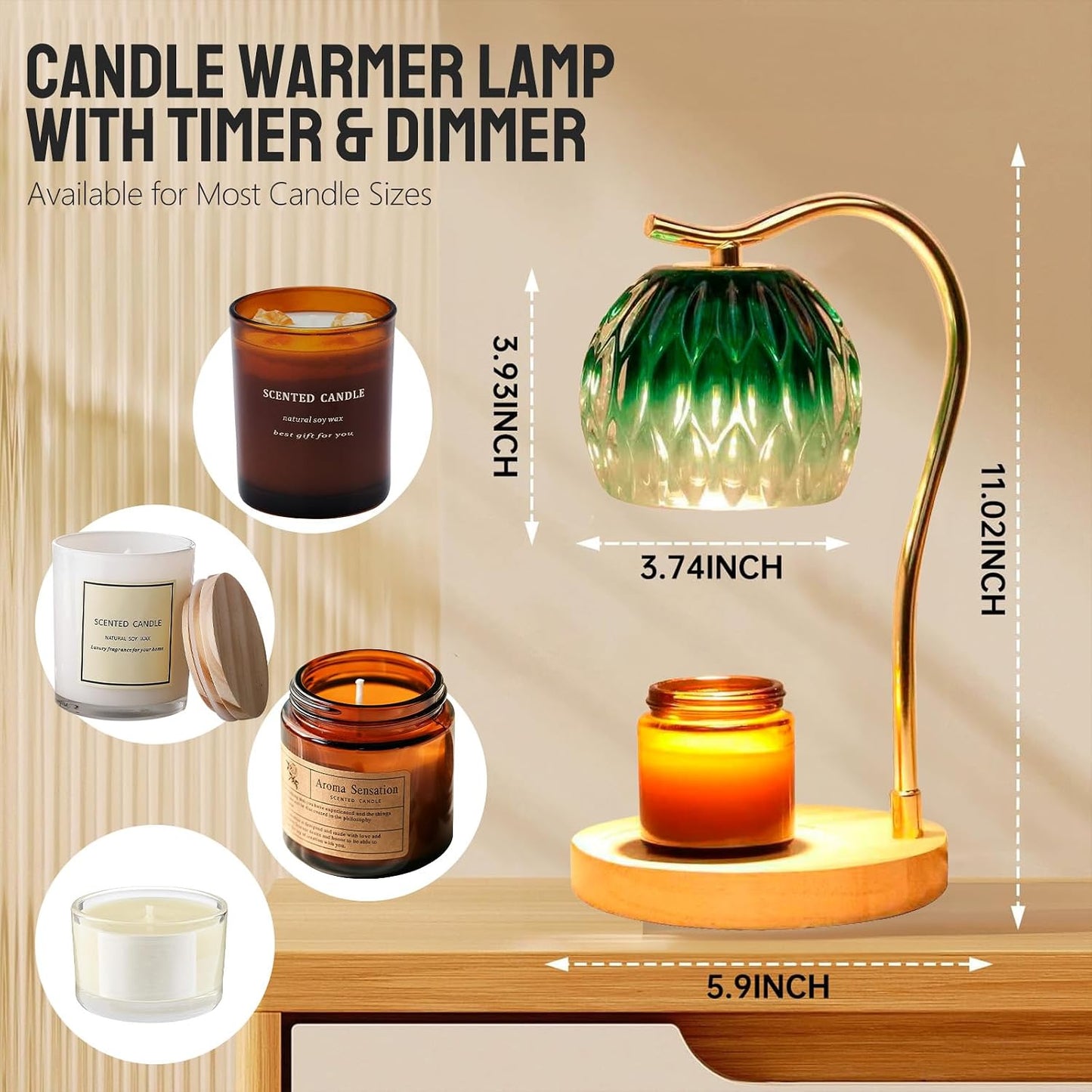 Fragrance Candle Warmer Lamp with 2 Bulbs Electric Candle Warmer with Timer & Dimmer for Home Decor