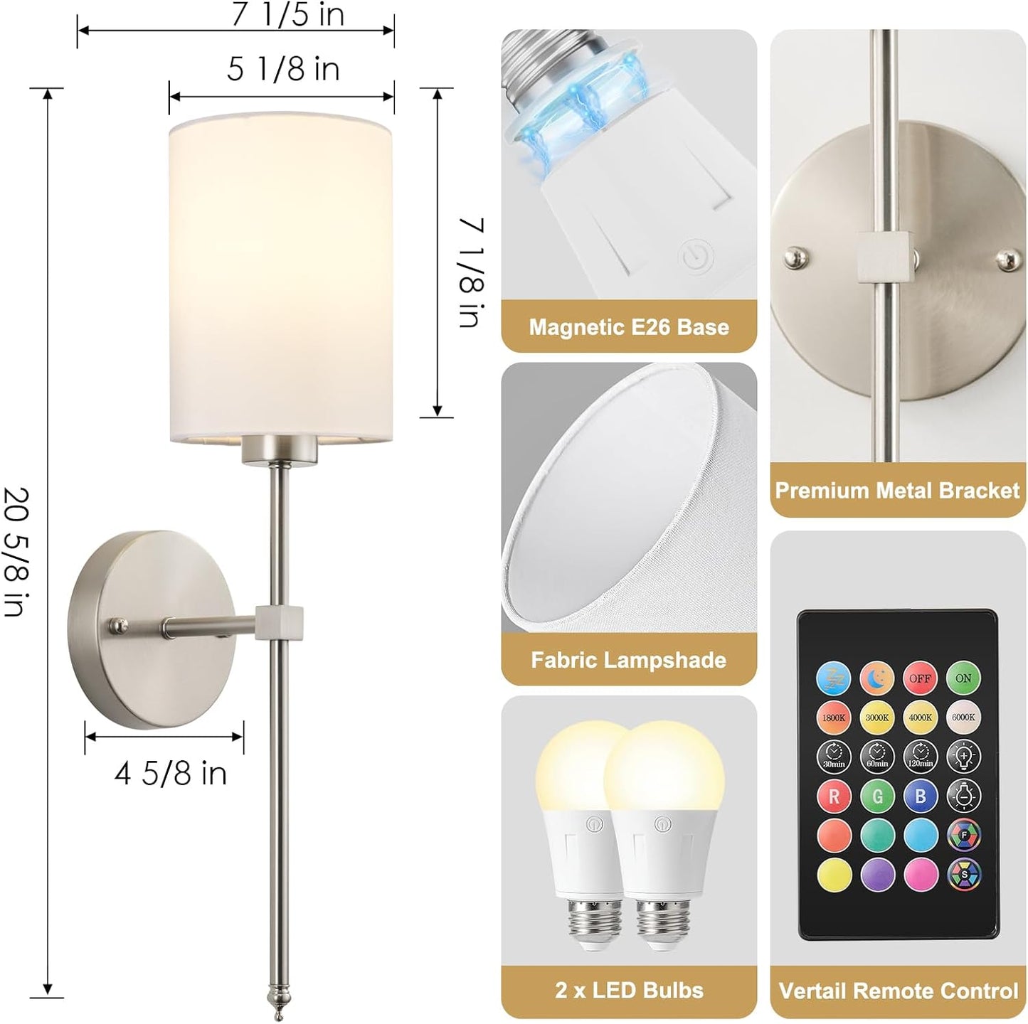 Battery Operated Wall Sconces Set of Two,Wireless Rechargeable Wall Light With Remote Control, Dimmable, Amber Light/Warm White/Natural White/Daylight/RGB, Timer,for Living Room,Bedroom,Entryway,Gold