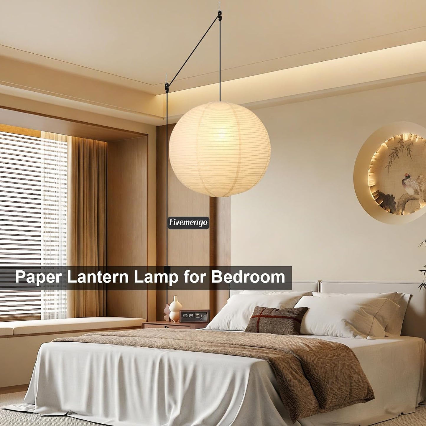 Paper Lantern Lamp Plug in Hanging Lamp 23.6in Off-White Rice Paper Pendant Light with 19.7FT Cord Large Globe Japanese Japandi Wabi Sabi Chandelier for Dining Living Room Bedroom 1 Pack