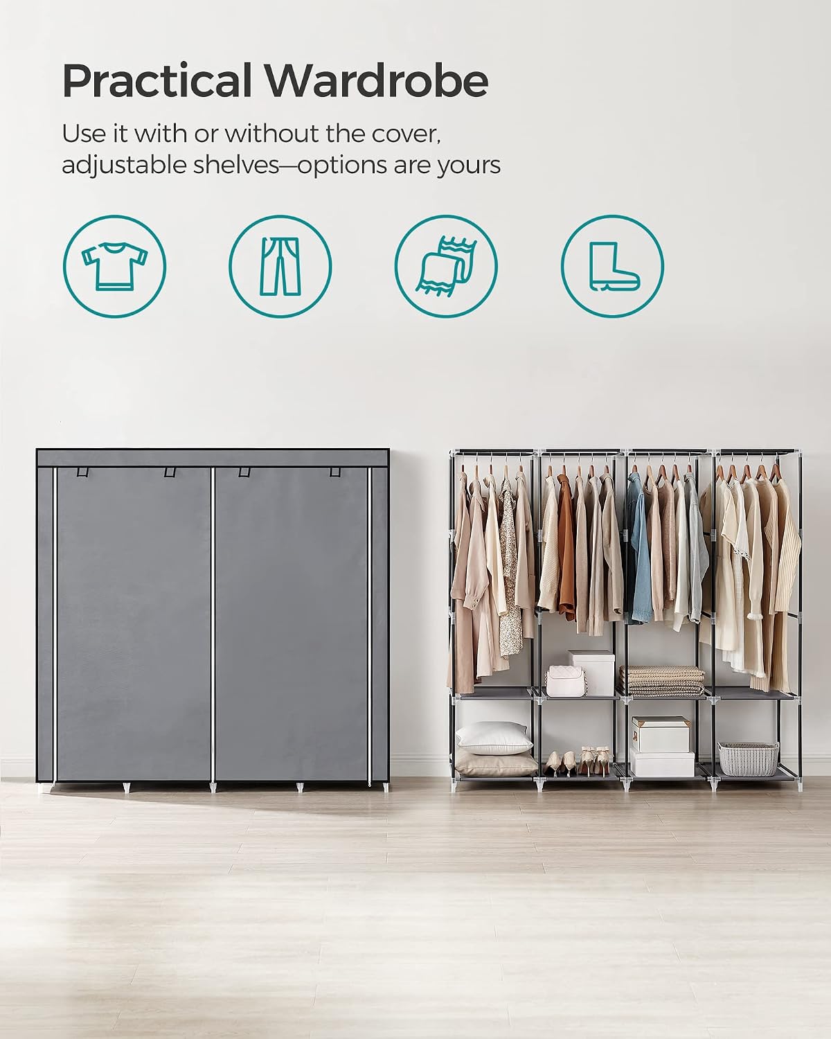 SONGMICS Portable Closet, Wardrobe Closet Organizer with Cover, 3 Hanging Rods and Shelves, 4 Side Pockets, 51.2 x 17.7 x 65.7 Inches, Large Capacity for Bedroom, Living Room, Ink Black URYG092B02