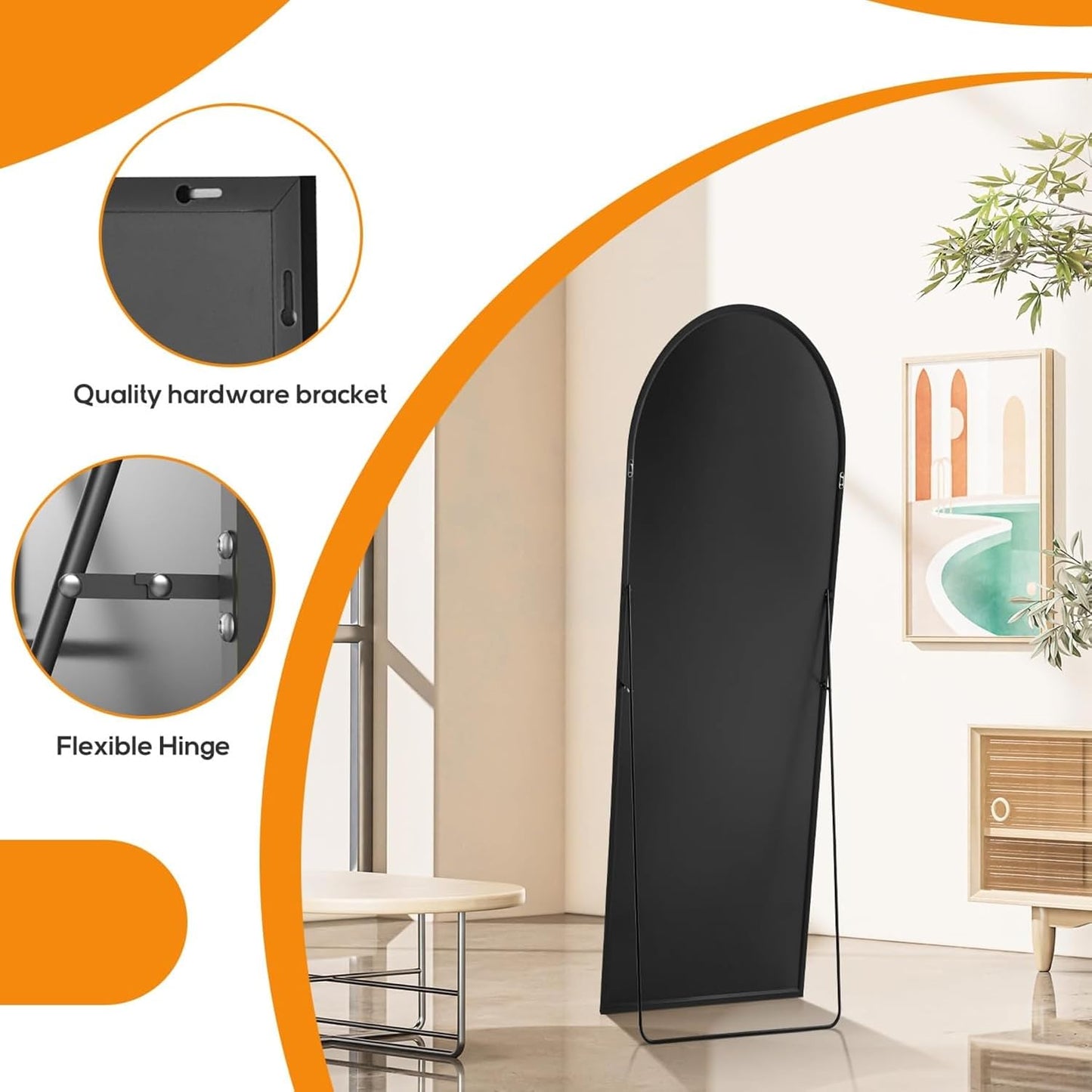 Arched Mirror Full Length, Upgraded 16"x59" Body Wall Mirrors with Shatter-Proof Glass, Floor Standing, Hanging or Leaning, Tall Arch Mirror with Stand Aluminum Alloy Frame for Bedroom, Black