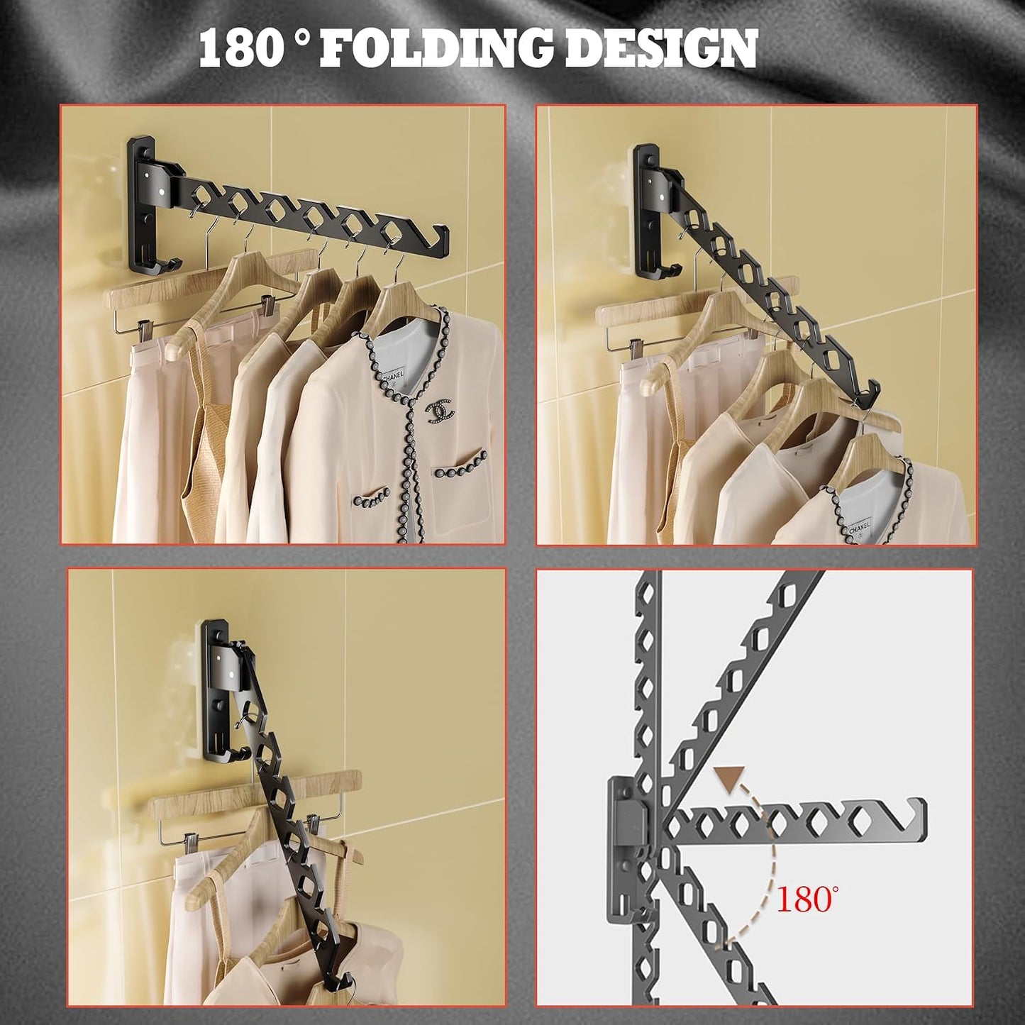 Dr.DJ Wall Mount Coat Hanger Holder Black Clothes Drying Organizer Rack Garment Hooks Aluminium Retractable Folding Indoor Wall Mounted Hanger Space Saver for Laundry Room Bedroom Black 2Pack