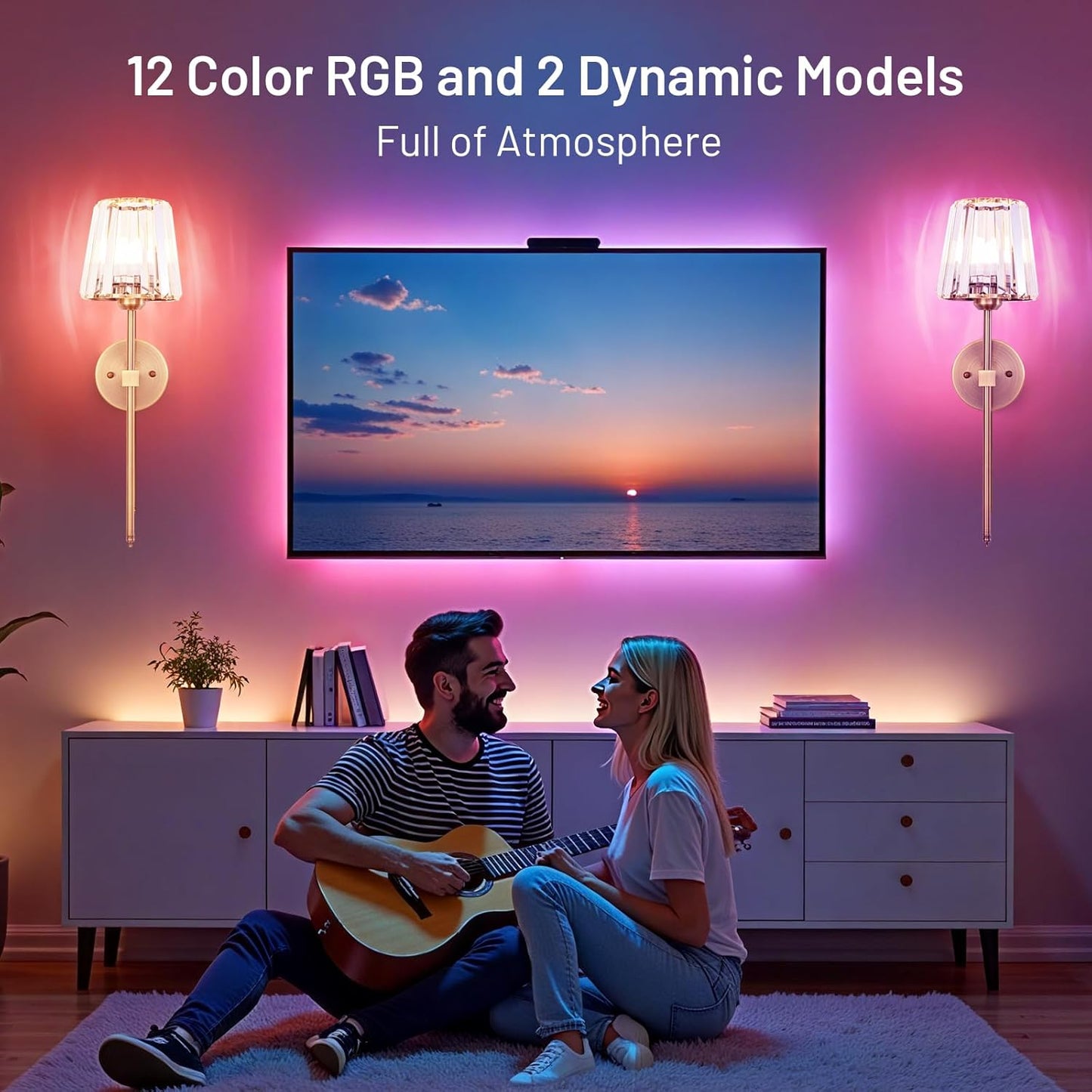 Crystal Battery Operated Wall Sconces Set of 2, Gold Rechargeable Wireless Wall Sconce Lights with Crystal Lampshade, 12 RGB and 3CCT Dimmable Wall Lamps with Remote for Bedroom Living Room Hallway