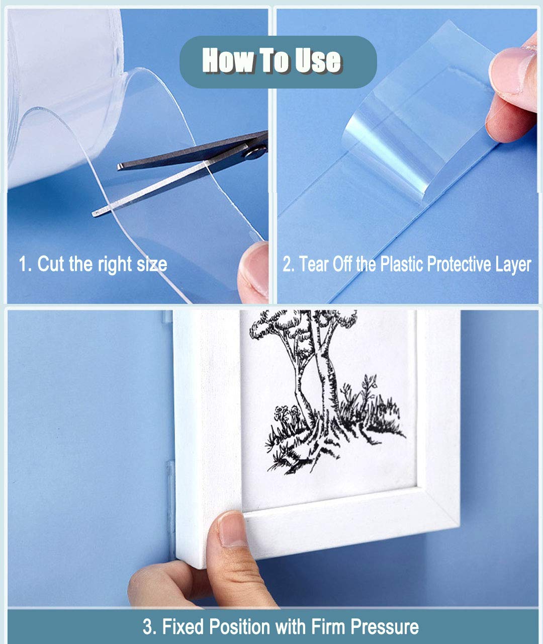 Double Sided Tape, Multipurpose Removable Adhesive Transparent Grip Mounting Tape Washable (1.97 INCH 4.92 FT)