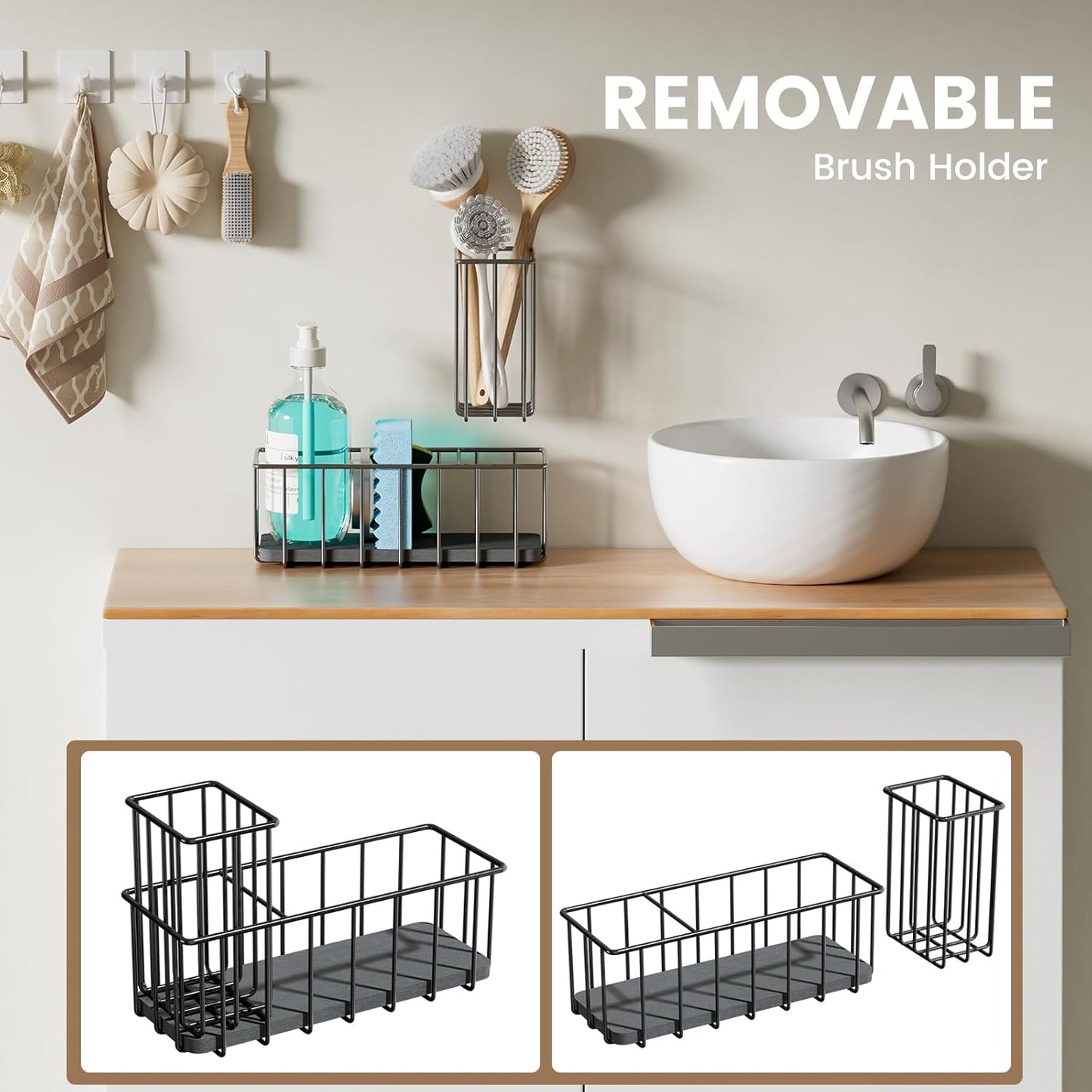 Kitchen Sink Countertop Sponge Holder - Stainless Steel Soap Caddy - Home Decor Kitchens Counter Organizer Accessories - Dish Brush Holder with Drain Rack and Tray - Organization and Storage Gadgets