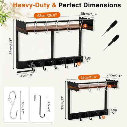Broom Holder Wall Mount, Heavy Duty Broom and Mop Organizer Wall Hanging with Vacuum Stand, 5 Grippers & 10 Hooks, Utility Racks with Wood Shelf & Guard, Laundry Organization & Storage (S)