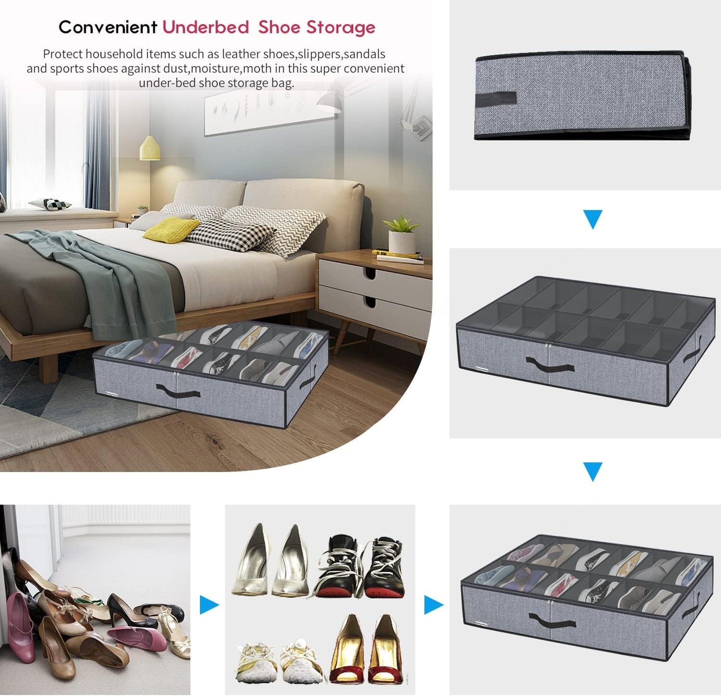 Onlyeasy Sturdy Under Bed Shoe Storage Organizer, Set of 2, Fit 12 to 24 Pairs, Underbed Shoes Closet Storage Solution with Clear Window, Breathable, L29.3 x W23.6 x H5.9, Linen-like Black, MXAUBSB2P