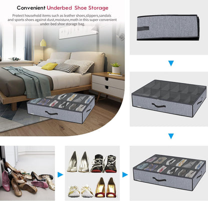 Onlyeasy Sturdy Under Bed Shoe Storage Organizer, Set of 2, Fit 12 to 24 Pairs, Underbed Shoes Closet Storage Solution with Clear Window, Breathable, L29.3 x W23.6 x H5.9, Linen-like Black, MXAUBSB2P