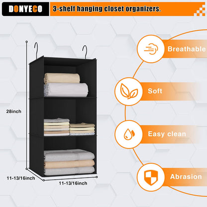 Hanging Closet Organizer 3-Shelf, Oxford Fabric Wardrobe Storage, Gray | Easy-mount foldable design holds clothes, handbags, shoes & accessories; washable Oxford fabric, sturdy and space-saving.