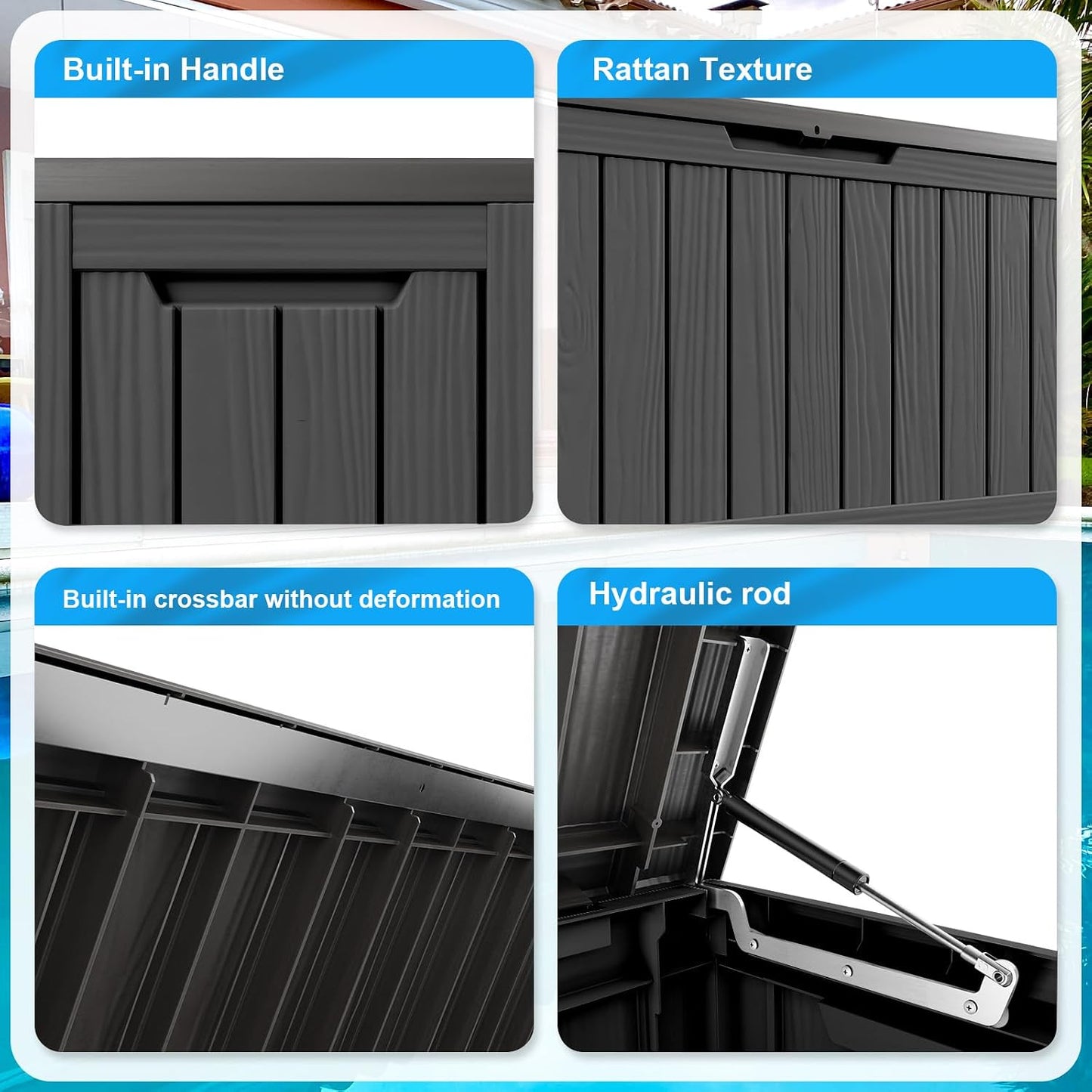 ROJIK 340 Gallon Deck Box Outdoor Waterproof,Weatherproof Outdoor Storage Boxes Lockable with Lid,Outside Resin Storage Bench for Patio Cushions,Garden Tools and Pool Accessories(Black)