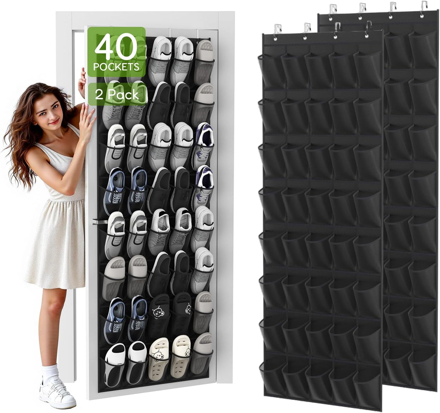 Over the Door Shoe Organizer with 40 Large Breathable Mesh Pockets, Space Saving Shoe Holder, Hanging Shoe Rack for Entryway Bedroom Closet Storage (White, 40 Pockets)