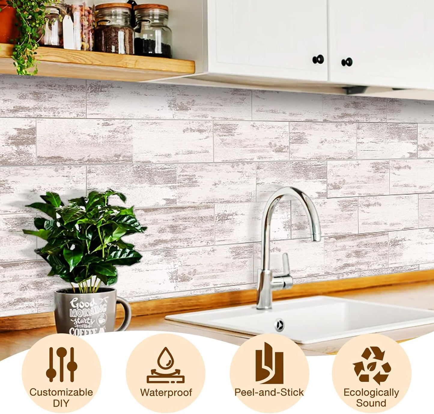 Havenly Peel and Stick Backsplash Tile for Kitchen & Bathroom Walls (White, 10 Tiles - 9.7 sq. ft. (0.9 m²))