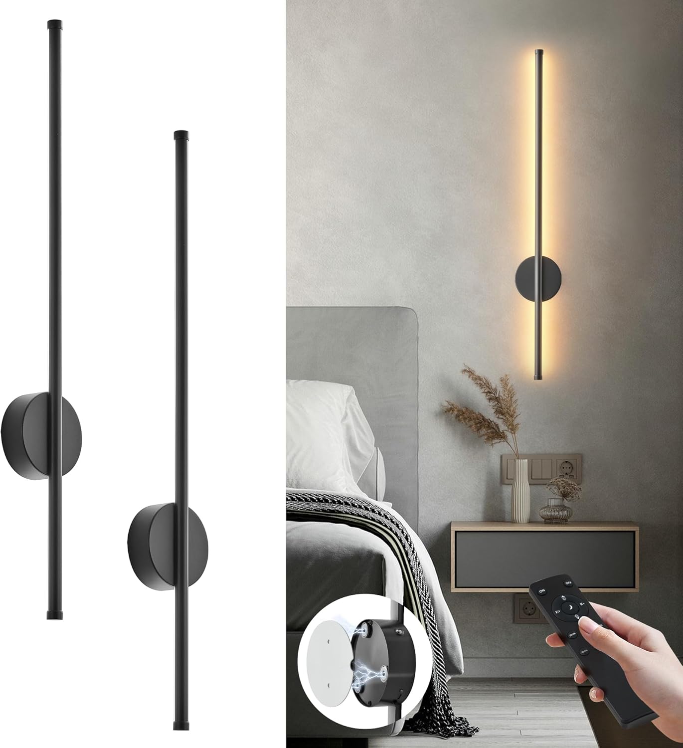 Battery Operated Modern Wall Sconces, Dimmable Wireless Wall Light Set of Two with Remote Control, 3 Color Temperatures, Rechargeable LED Wall Sconce for Bedroom, Living Room, Hallway, 23.6 Inch Brass