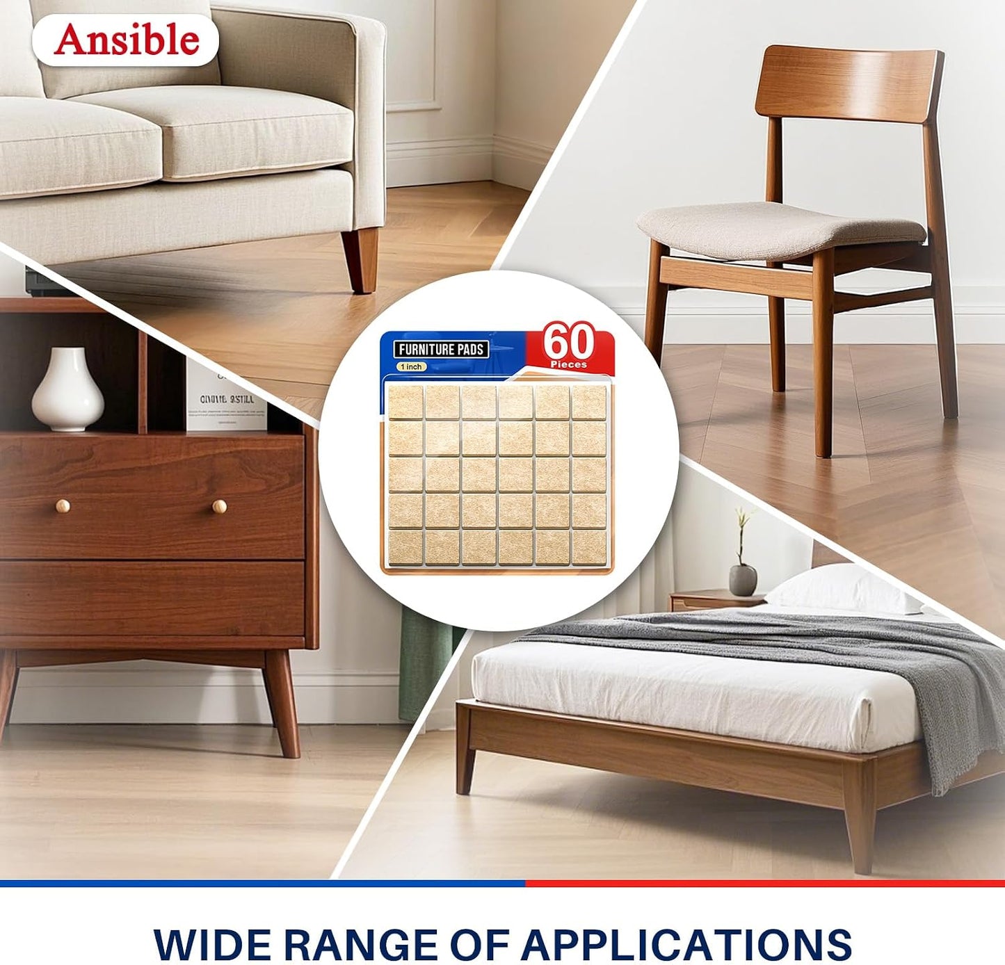 Ansible 60 PCS Felt Furniture Pads 1", Felt Pads for Chair Leg Floor Protectors for Hardwood Floors Round (Beige)