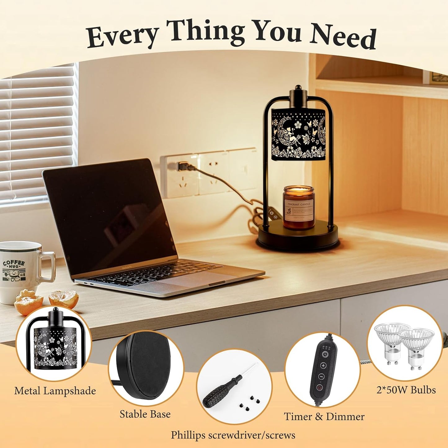 Candle Warmer Lamp Electric with Timer: Wax Melts Warmer - Dimmable Candle Wax Warmer Electric Candle Warmer with Replacement Bulbs, Bedroom Home Decor Compatible with Various Candles-Linen