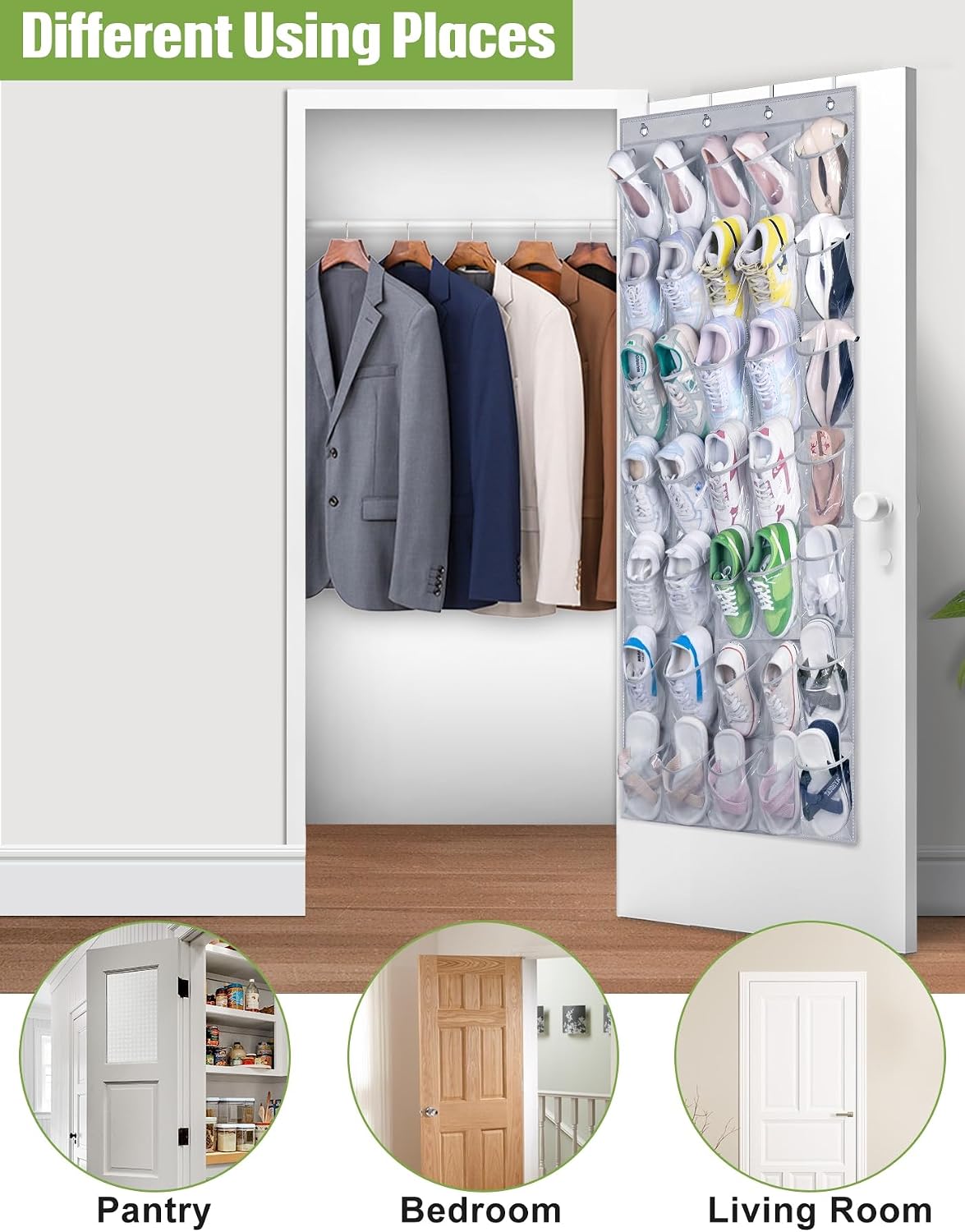MISSLO 35 Clear Large Pockets Over The Door Shoe Organizer Sturdy Oxford Fabric Hanging Shoe Rack Closet Shoe Holder Hanger, White