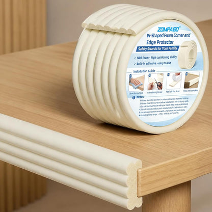 ZOMPAGO Baby Edge Protector Roll (6.56FT) & 8 Corner Guards - White Foam Furniture Corner Protectors - Baby Proof Corners and Edges for Table, Wall, Bed Frame - Baby Proofing Safety Bumpers