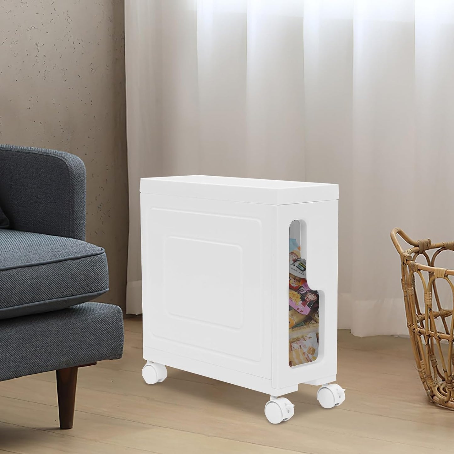 1 Tier Slim Bathroom Storage Cabinet, 15.7" L X 6.3" W X 16.9" H Slim Rolling Cart, 66.14 Lbs Load-Bearing Capacity Narrow Storage Cabinet for Living Room, Kitchen, Bathroom, Office