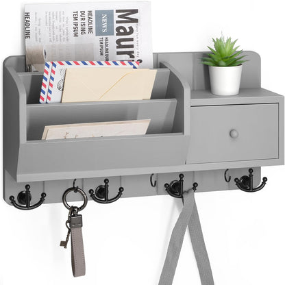 Rebee Vision Key and Mail Holder Wall Mount - Mail Organizer Wall Mount with Storage Hooks and Drawer for Modern Farmhouse Decor - Mail Organizer Wall Mounted for Rustic Apartment Essentials (Brown)