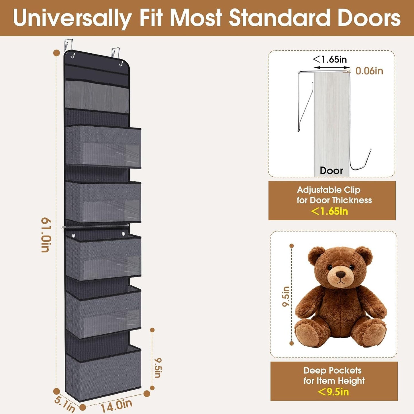 WISELIFE Over The Door Organizer Storage with 4 Large Pockets Door Hanging Organizer with Clear Windows behind The Door Storage for Nursery Bedroom Bathroom Pantry Closet and Baby Essentials Dark Grey