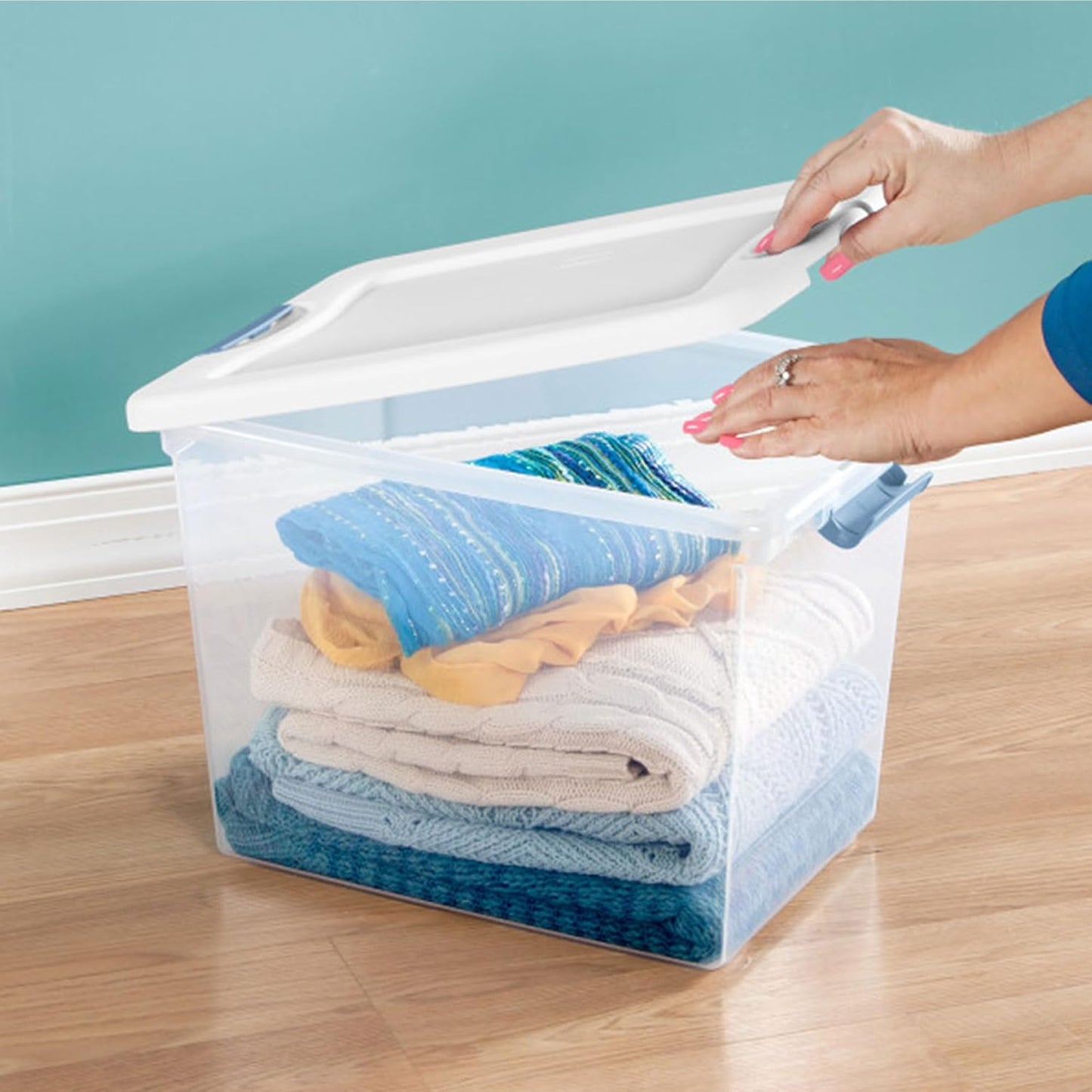 Sterilite 4-Pack 56 Quart Wheeled Latching Box, Underbed Clear Plastic Storage Organizer - Under Bed Rolling Container Bin with Lid and Wheels for Home or Dorm Bedrooms and Closets