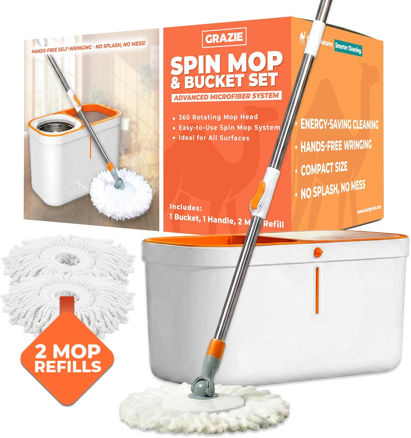Grazie Spin Mop & Bucket Set - 360° Self-Wringing System with Wheels, Stainless Steel Handle - Hands-Free Floor Cleaning for Hardwood, Tile, Laminate - Includes 4 Washable Microfiber Mop Head Refills