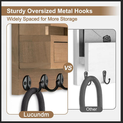 Key Holder Wall Mount, Mail Holder with Storage Drawer and 5 Key Hooks for Coat, Dog Leash, Home Decor Rack, House Accessories, Entry Way Organizer