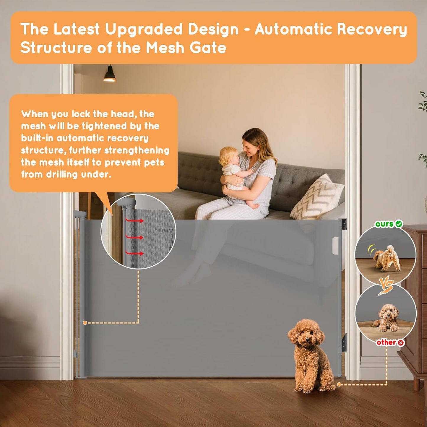 Retractable Baby Gate, 38" Extra Tall Mesh Dog Gate with Auto-Tension Design, 71" Wide One-Hand Operation Doorway Gates for Pets & Babies, No Bottom Rail Safety Gate for Hallways, Black
