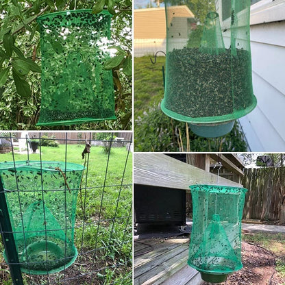 Ranch Fly Trap Outdoor Hanging Reusable with Fishing Apparatus | Food Bait Tray Catcher Cage for Indoor or Outdoor Family Farms, Park (4 Pack)