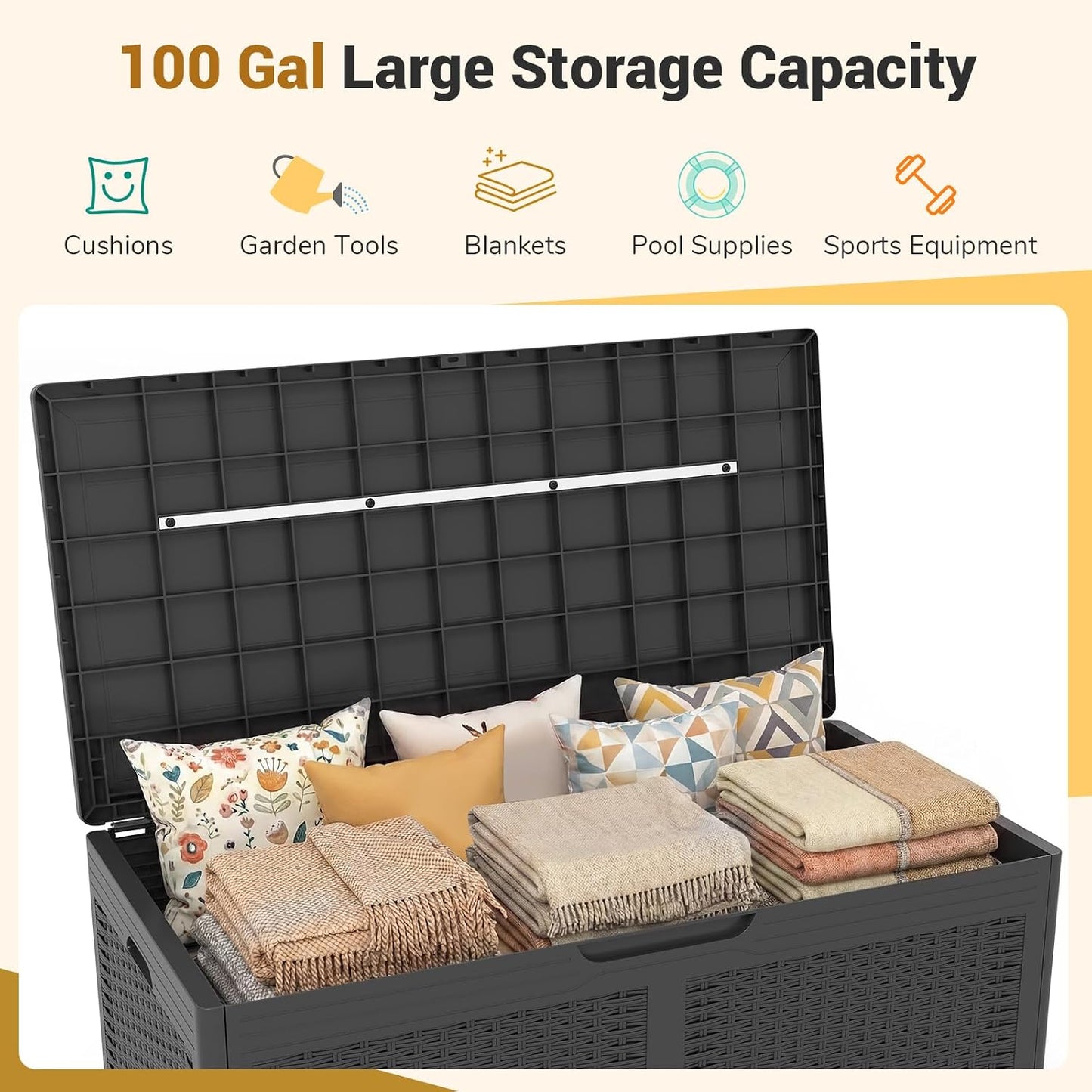 Tangkula 100 Gallon Outdoor Storage Box, Lockable Outdoor Storage Bench with 2 Smooth Wheels, Faux Rattan Surface, Waterproof Resin Deck Box for Outside Poolside Patio Garden (Brown)