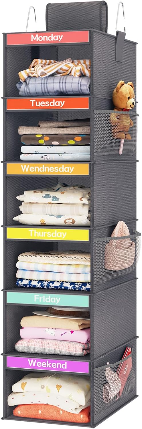 Fixwal 6-Shelf Weekly Clothes Organizer for Kids, Kids Daily Shelf Hanging Closet Organizer with 6 Side Pockets, Days of The Week Hanging Storage Shelves (Pink)