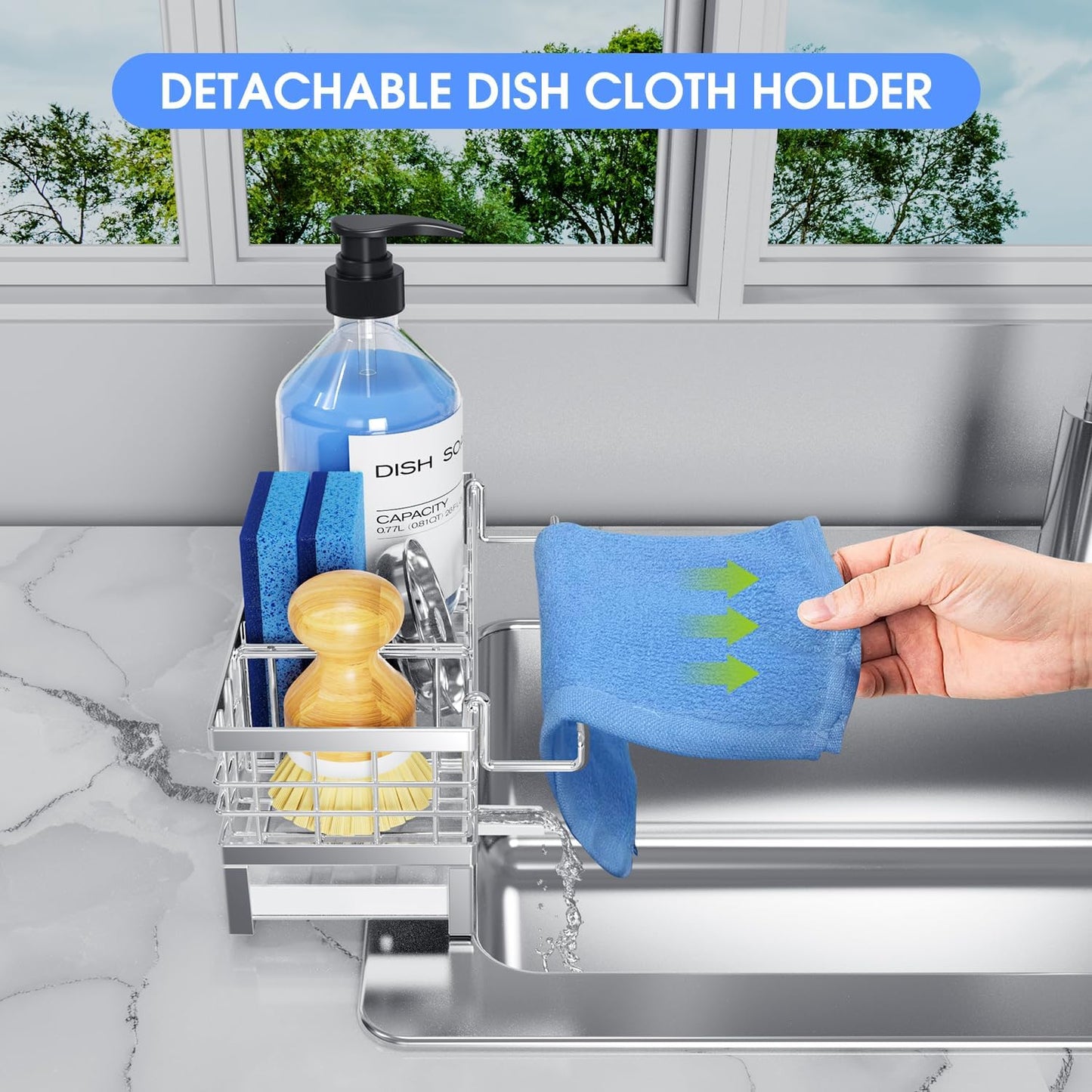 Kitchen Sink Sponge Holder, Rustproof Non-Slip Self-Draining Metal Sink Caddy with Detachable Dish Cloth Holder (Black)