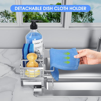 Kitchen Sink Sponge Holder, Rustproof Non-Slip Self-Draining Metal Sink Caddy with Detachable Dish Cloth Holder (Black)