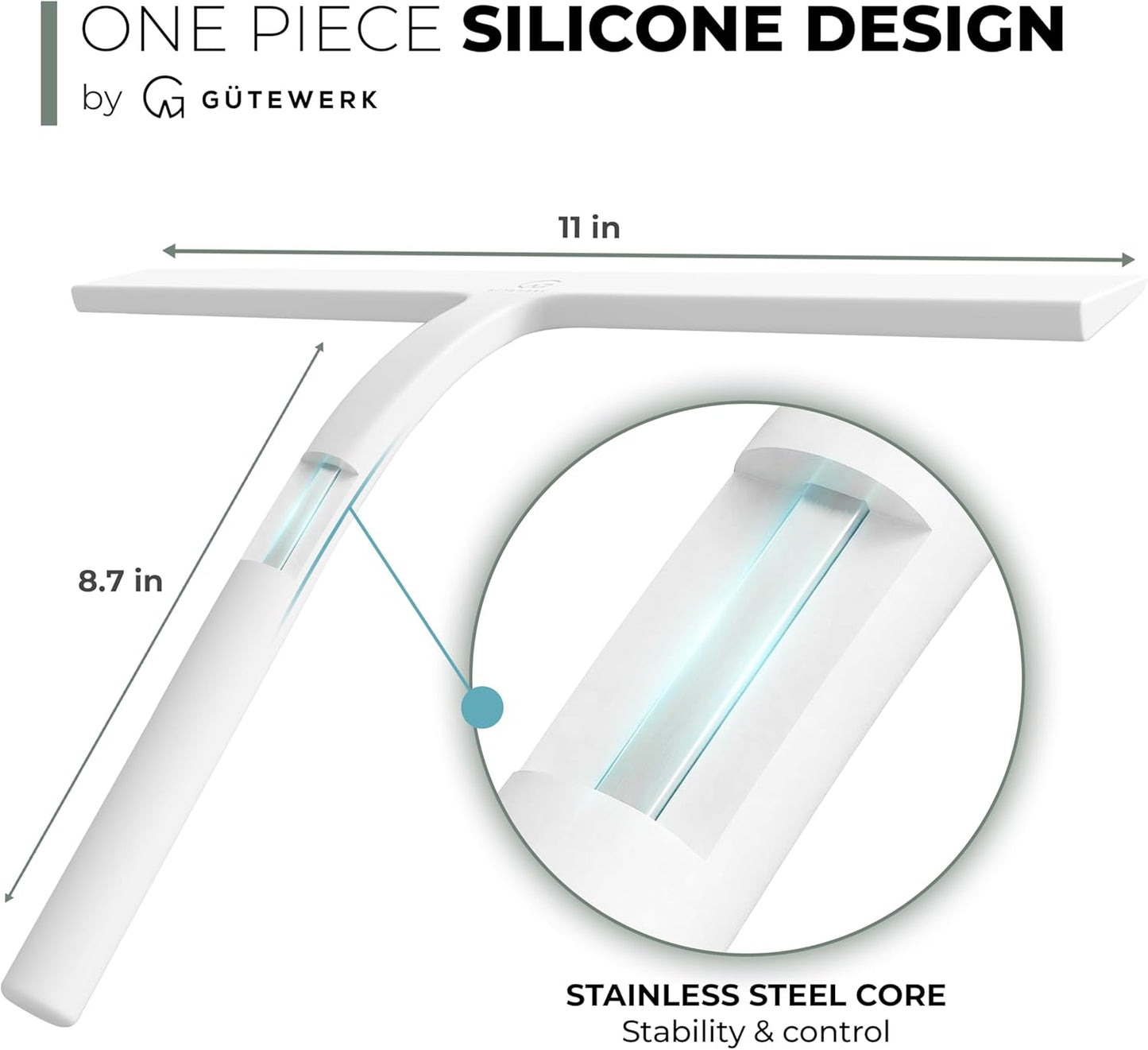 GÜTEWERK Silicone Shower Squeegee for Glass Doors & Mirrors with Stainless Steel Core, Streak-Free & No-Squeak Window Cleaning, 3-in-1 No-Drill Mount (Hook/Suction/Adhesive),White, 9 Inches