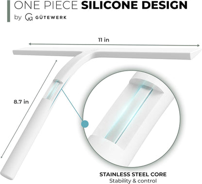 GÜTEWERK Silicone Shower Squeegee for Glass Doors & Mirrors with Stainless Steel Core, Streak-Free & No-Squeak Window Cleaning, 3-in-1 No-Drill Mount (Hook/Suction/Adhesive),White, 9 Inches