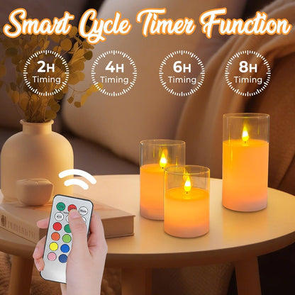 LEDHOLYT Rechargeable Flameless Glass Pillar Candles–Gifts for Women,–Set of 3, Realistic Flickering LED Light,Remote & Timer, Ideal for Living Room, Bedroom & Festival Wedding Home Party Decor