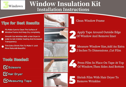 10-Window Shrink Film Window Insulation kit（62-Inch x 420-Inch），Insulating Film Window Kit Keeps Cold Air Out and Warm Air in (10 Windows)