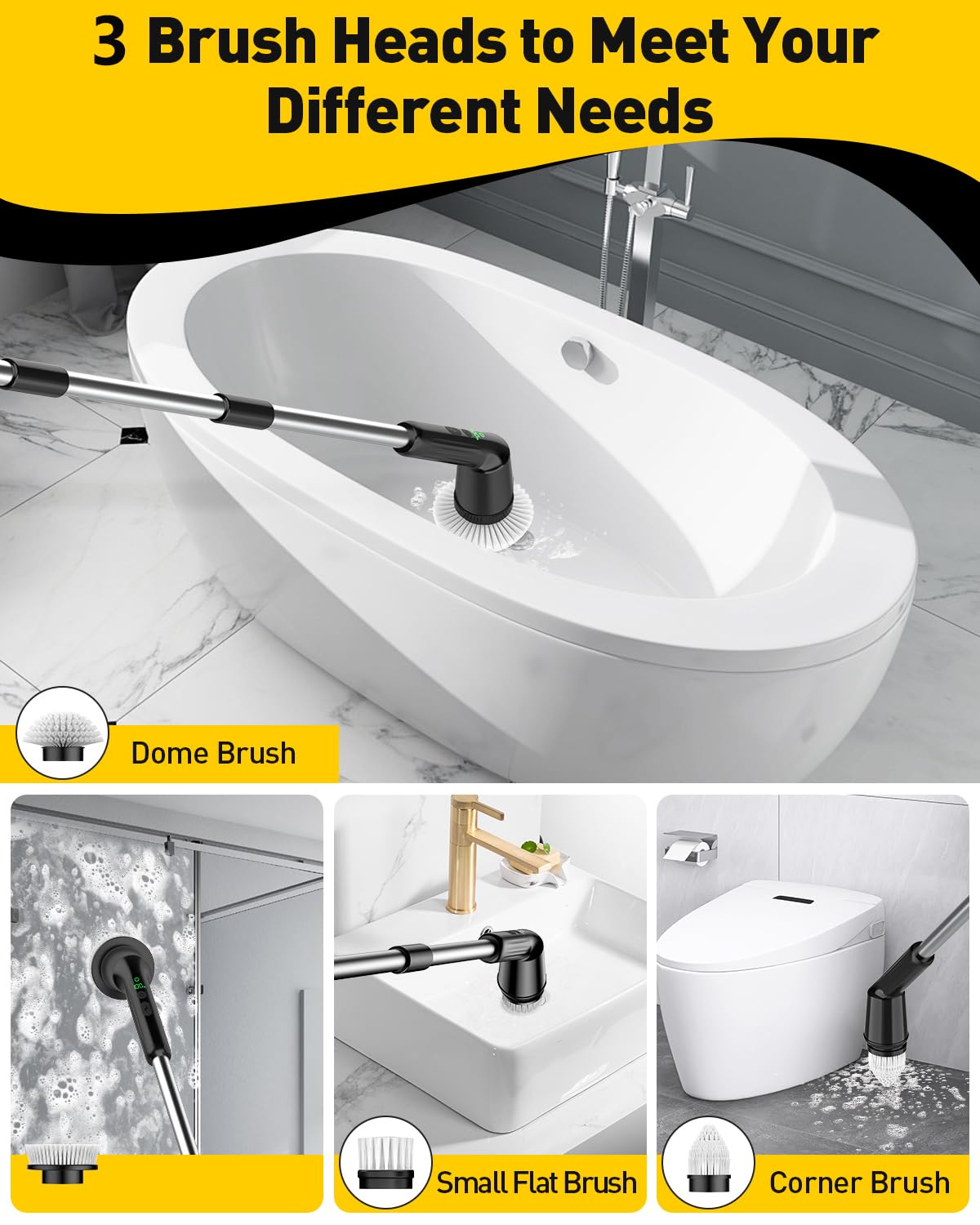 Shower Scrubber with Long Handle, Shower Cleaner Brush with 8 Floor Machine Pads, Cordless Electric Spin Scrubber for Cleaning with 2 Speed, Cleaning Supplies for Bathroom Bathtub Kitchen Floor Tile