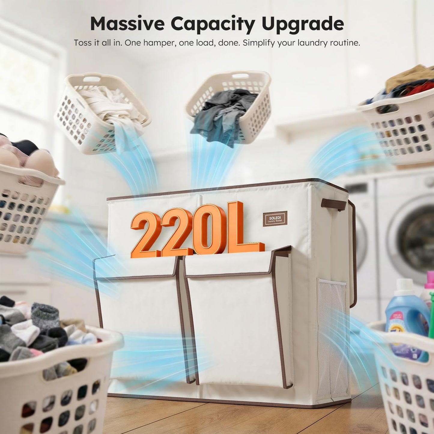 SOLEDI 220L Laundry Hamper 3 Section,Extra Large Laundry Basket with Lid and 2 Side Pockets, Dirty Clothes Hamper with Removable Bag Easy to Carry for Laundry Room, Bedroom, Bathroom, Black