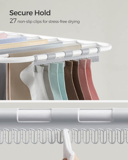 SONGMICS Clothes Drying Rack, with Sock Clips, Metal Laundry Rack, Foldable, Space-Saving, Free-Standing Airer, with 2 Height-Adjustable Gullwings, Indoor Outdoor Use, Gray ULLR052G01