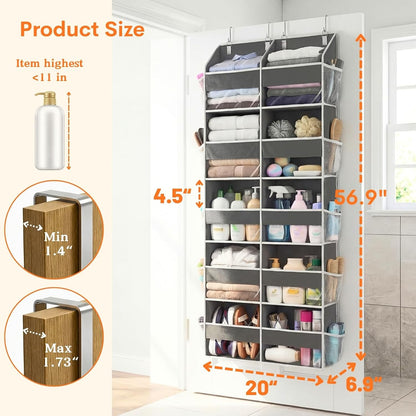 Over The Door Organizer, 5-Tier Extra Large Behind Door Storage with 10 Big Front & 10 Mesh Pockets, 80lb Capacity, Hanging Storage Organizer with Clear Window Kids Toys, Shoes, Diapers, Light Grey