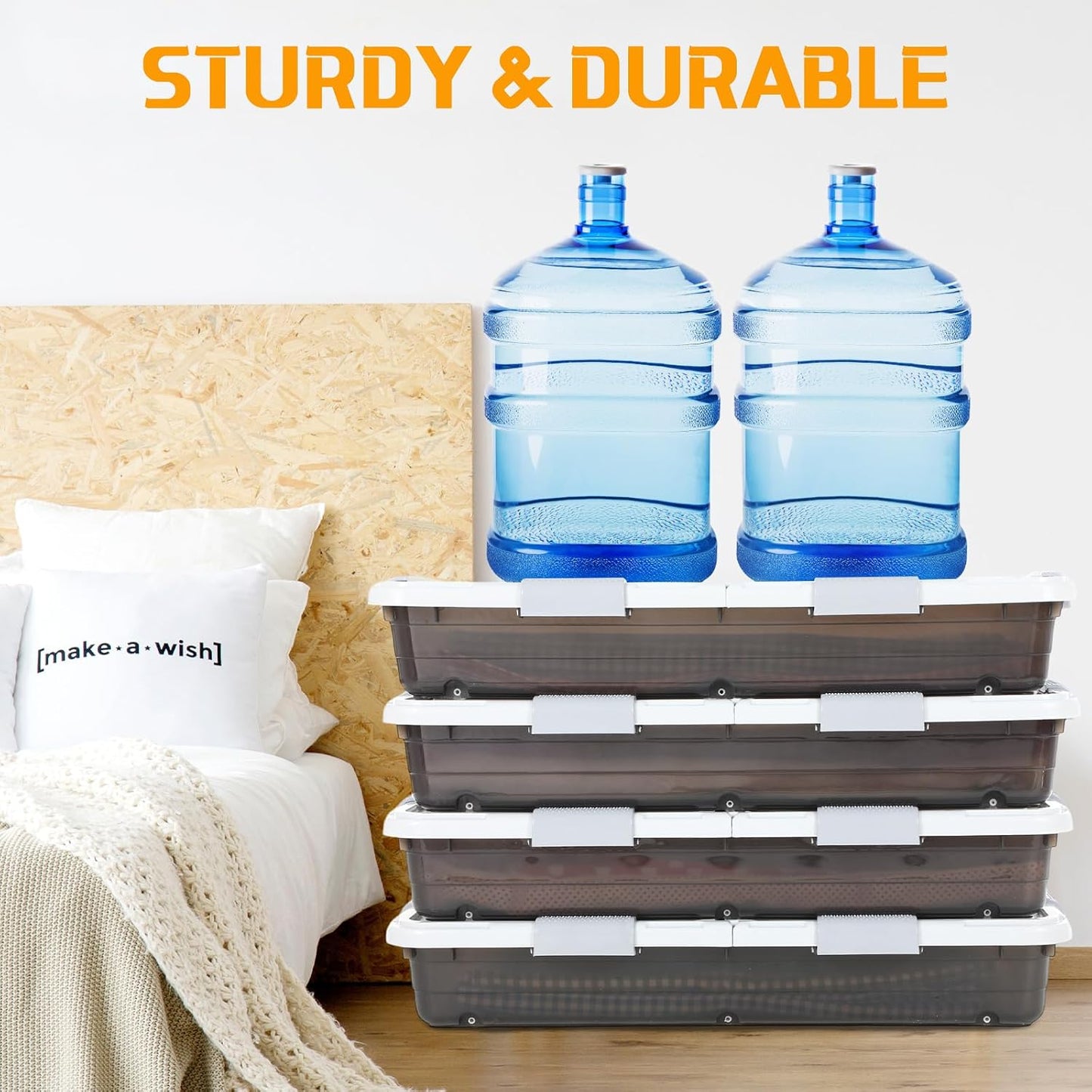 Beeveer 4 Pcs Plastic Under Bed Storage Container with Double Opening Lid Wheel Handle, Transparent Large Capacity Stackable Latching Festival Storage Bin for Closet Bedroom, 31.5x15.8x5.2 In(White)