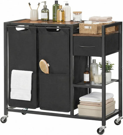 HOOBRO 2 Section Laundry Sorter with Shelf, 24 Gal. (90.8 L) Laundry Hamper with Wheels, Rolling Laundry Basket with Fabric Drawer, 3-Tier Shelves, Side Pockets, Black and Rustic Brown BF27XY01