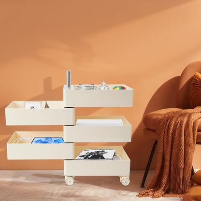 TFCFL 5 Tier Rolling Storage Cart, 360° Rotating Sofa Side Cabinet, Storage Cabinet Bedside Table for Bathroom Kitchen, Movable Narrow Cabinet with Wheels for Living Rooms, Kitchens, Offices (White)