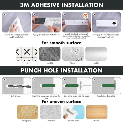 Auntyfey Sanitizeri Toothbrush Holder, Sanitizeri Toothbrush Cleaner, 2000mAh Rechargeable Cordless Wall Mounted Holders for Bathroom, 4 Slots & Timer Function, White