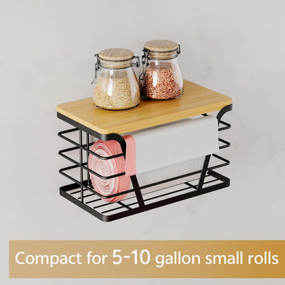 TIDIIABODE 2 Pack Stackable Storage Laundry Kitchen Organizers, Wall Mount Trash Bag Holder with Bamboo Top and Garbage Bag Dispenser No Drill